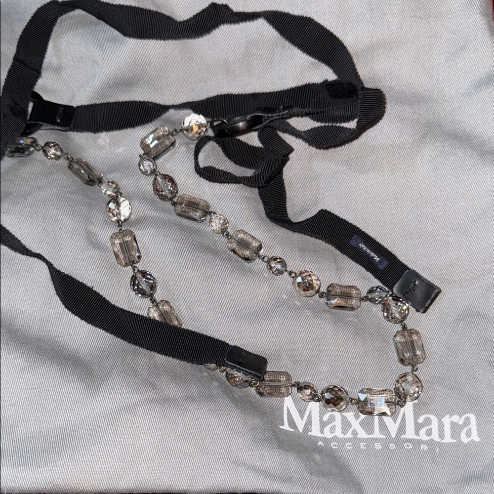 MaxMara Black Ribbon with Silver Beads Glass Necklace / belt